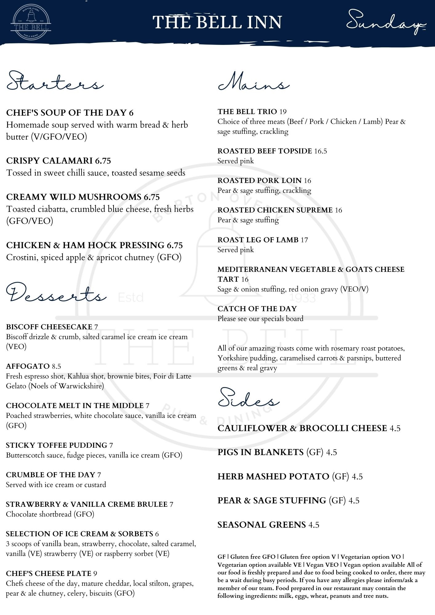 Menus The Bell Burton Overy