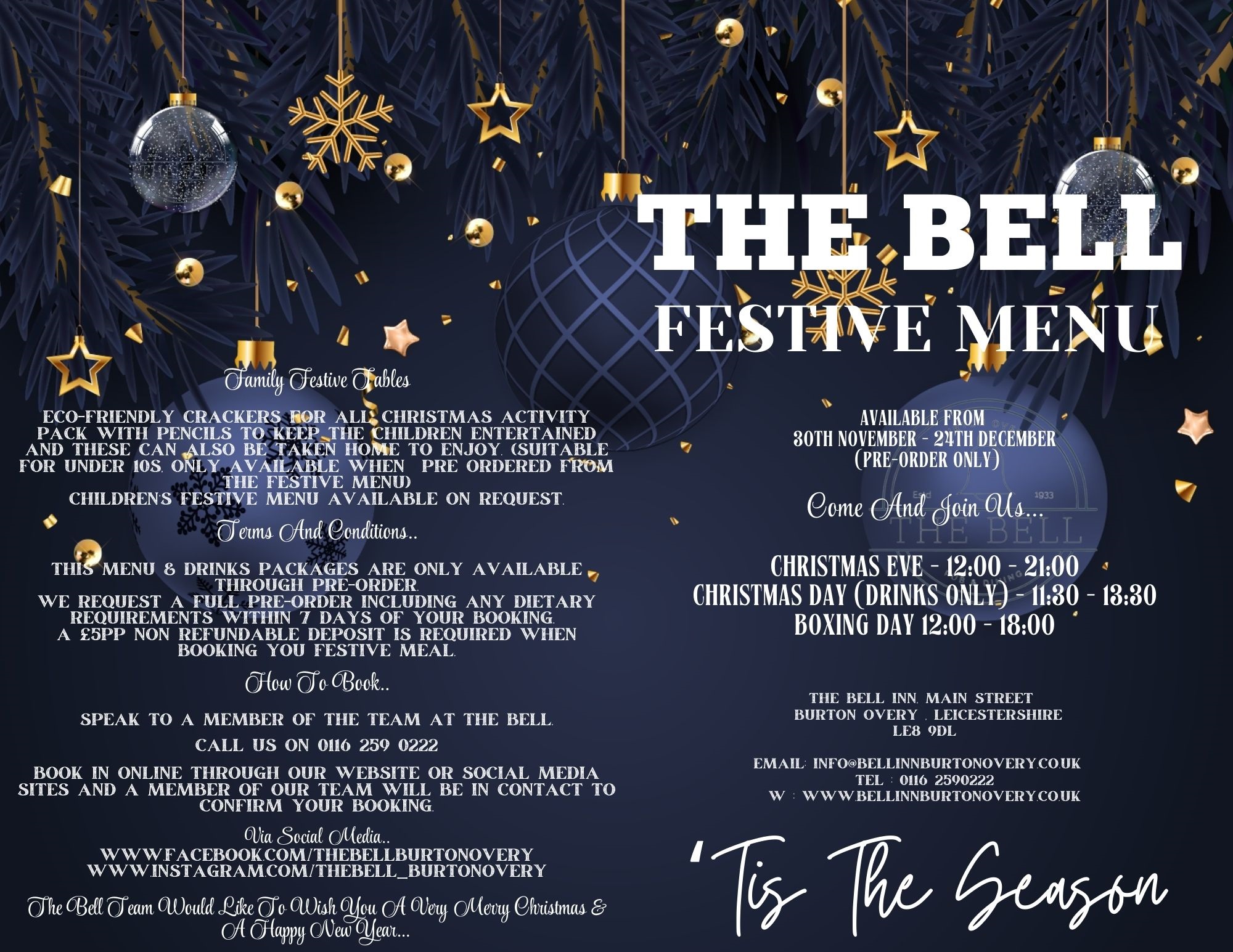 The Bell - Christmas Menu 2024 Front Page