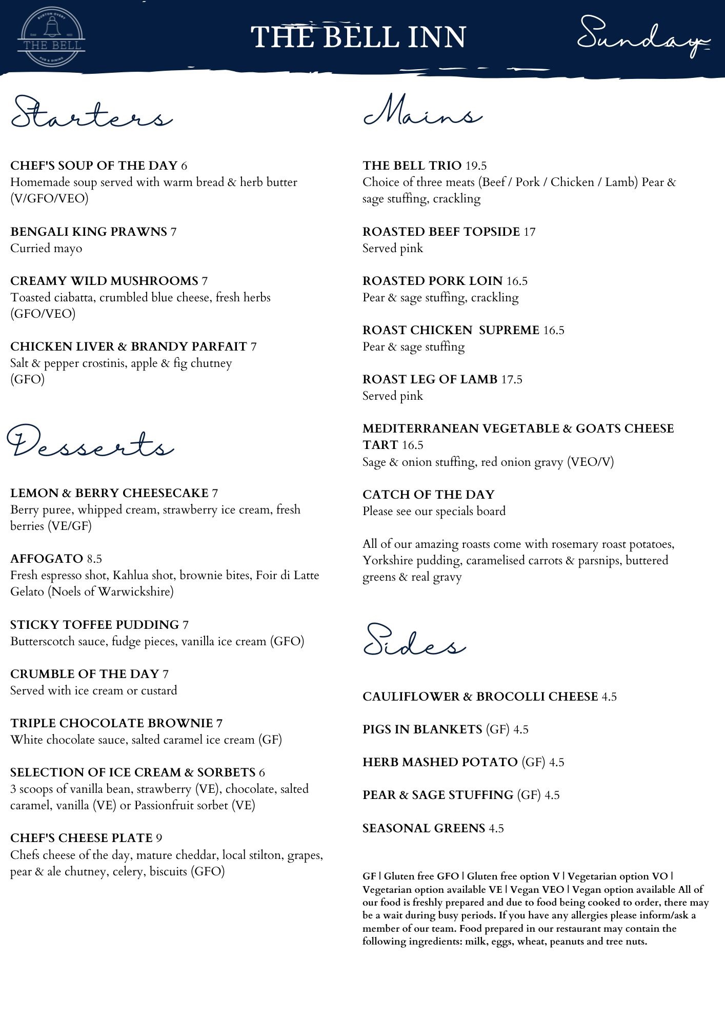 Sunday Lunch Menu - October 24 New